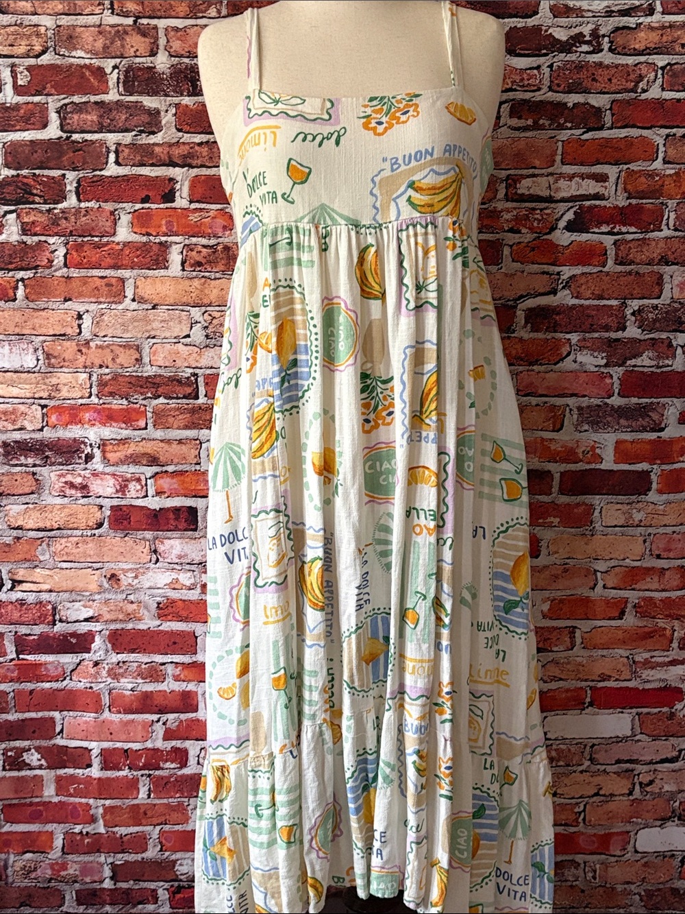 Paper Heart Cream Maxi Sundress with Colorful Italian Wording & Fruit/Wine XL